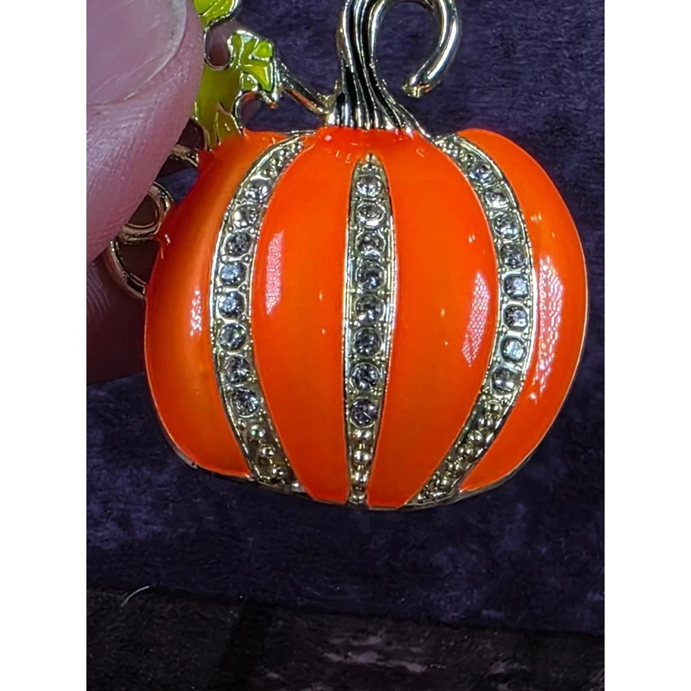 Orange Pumpkin Rhinestone Enamel Gold Tone Pin Brooch Fall Halloween